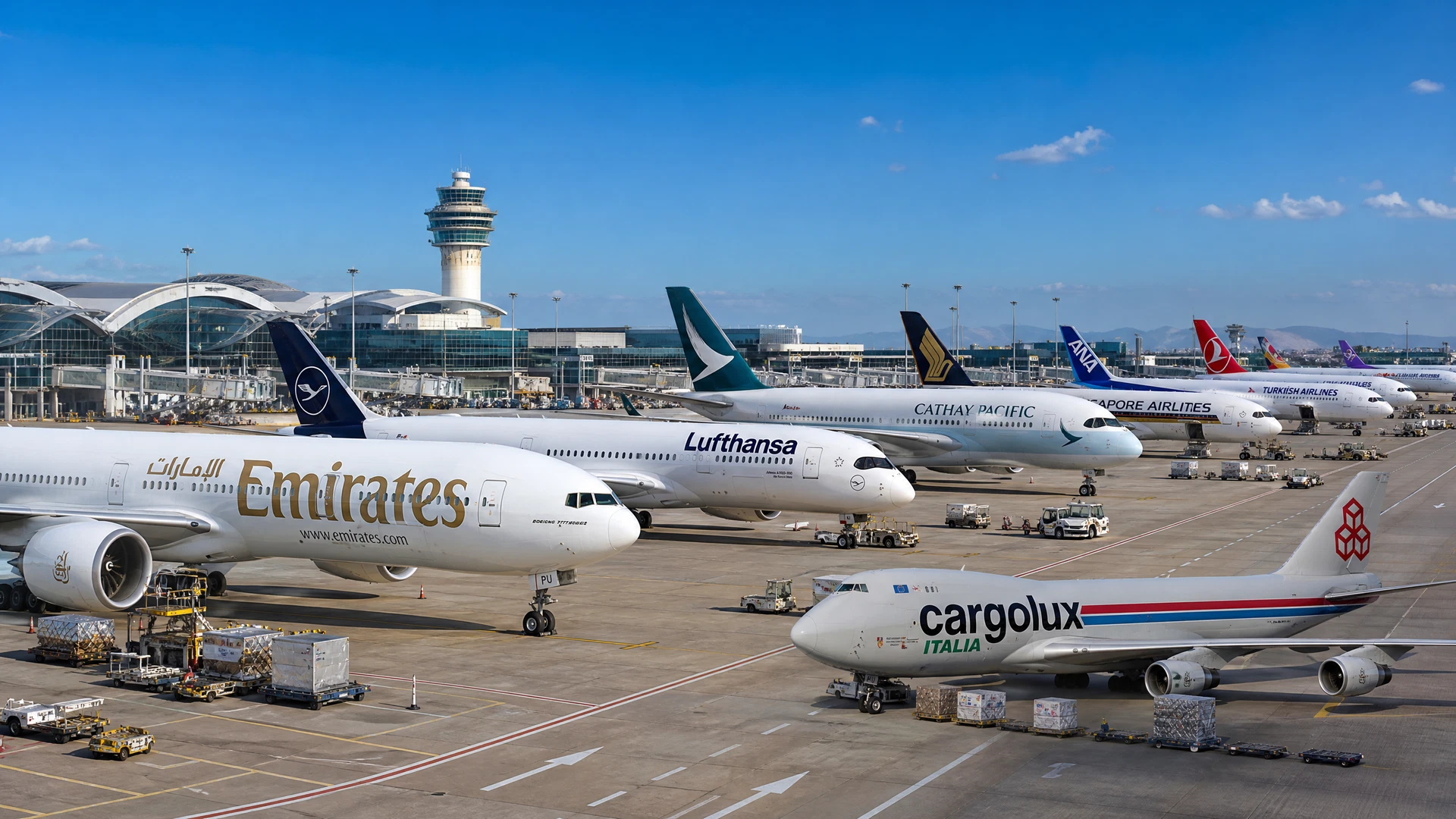 International airline fleet on an airport apron